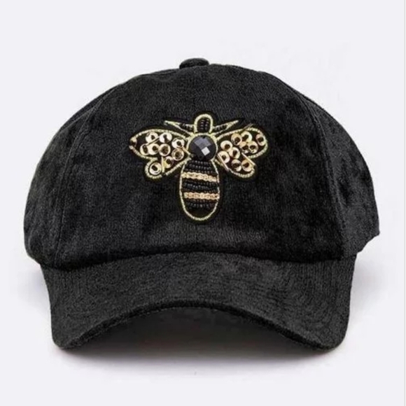 J. Elise Boutique Burgundy Golden Bee Patch Distressed Velour Velvet Fitted Cap - Picture 6 of 12